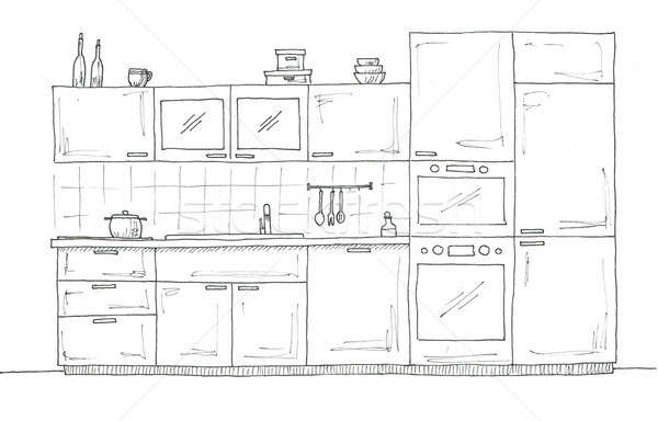 商业照片: 手工绘制 · 厨房 · 家具 · 素描 ·笔· 房子