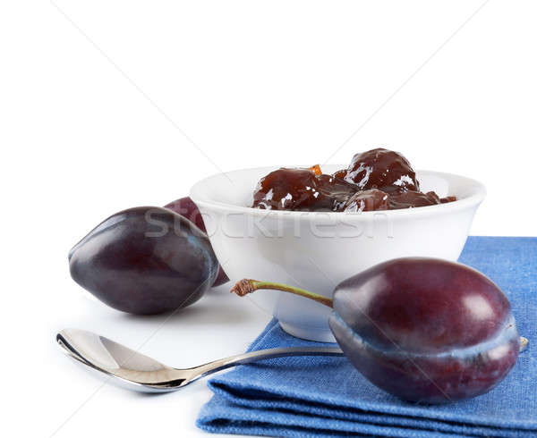 商业照片 成熟 果酱 勺子 白 食品 ripe plums jam