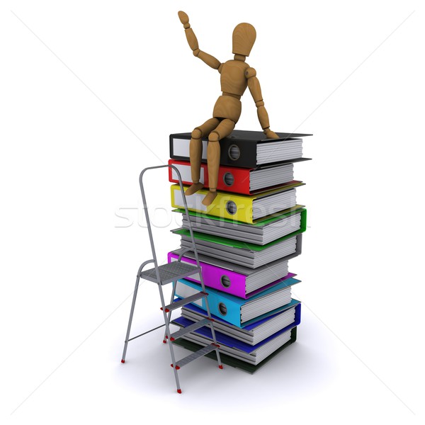 climbed on, stock photo: the wooden man climbed the ladder on the stack of