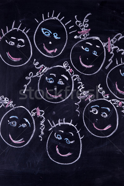Graphical drawn with chalk on the blackboard of the family with children