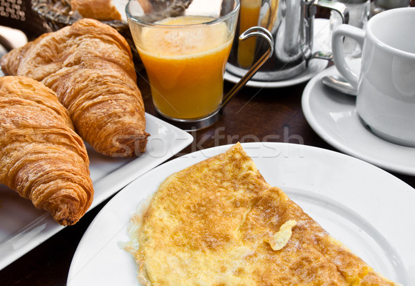 商业照片: 早餐 · 咖啡 · 羊角面包 ·篮·表· 鸡蛋 / breakfast