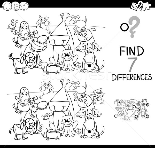 and white cartoon illustration of finding differences between