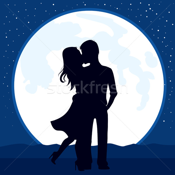 商业照片: 情侣 · 接吻 · 月亮 · 插图 · 侧影 · 望月