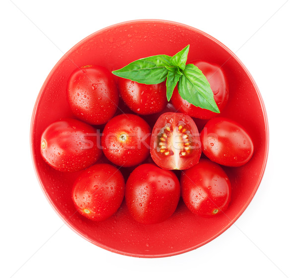 樱桃番茄 · 罗勒 · 孤立 ·白· 质地 · 背景 / cherry tomatoes