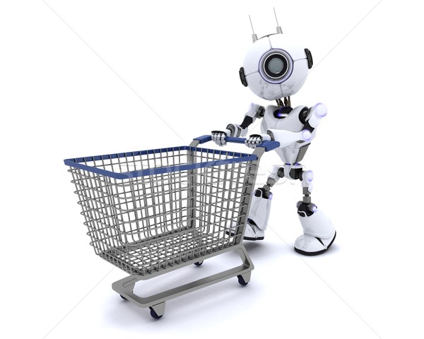 商业照片 机器人 购物车 三维渲染 男子 购物 未来