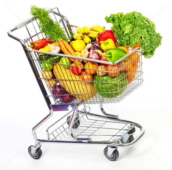 商业照片: 杂货 · 购物车 · 蔬菜 · 水果 · 孤立 ·白