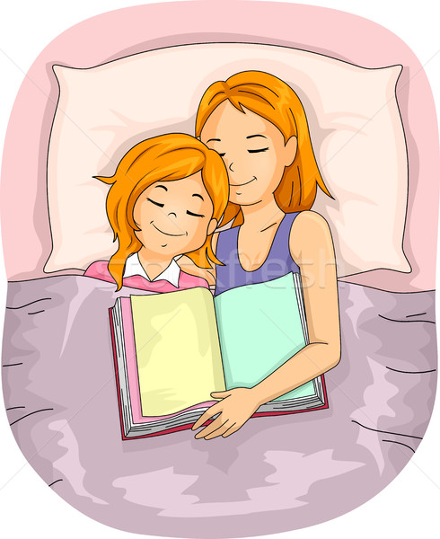 商业照片: 妈妈 · 孩子 · 女孩 ·床· 睡觉 ·书