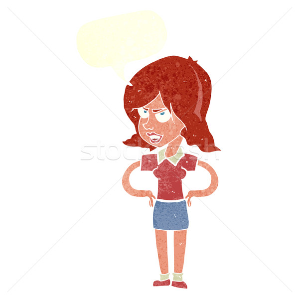 cartoon annoyed woman with hands on hips with speech bubble