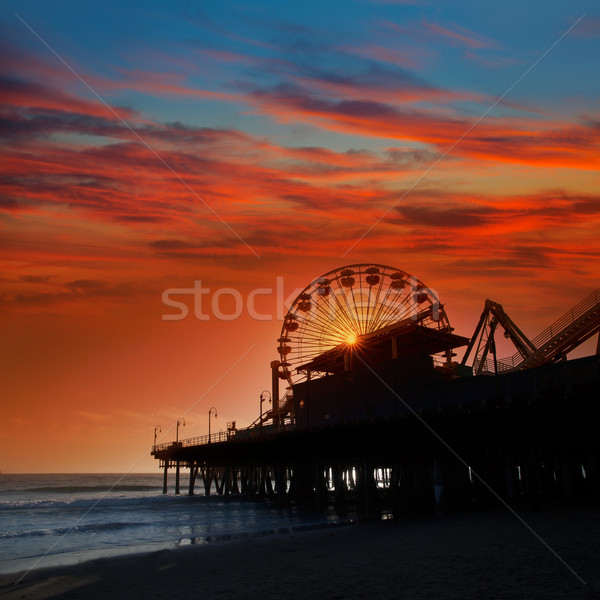 stock photo: santa monica california sunset on pier ferrys wheel