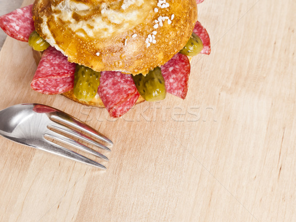 盘 / german bread roll with salami slices on   wooden plate