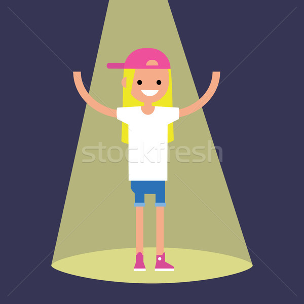 young successful blond girl standing in the spotlight / flat edi