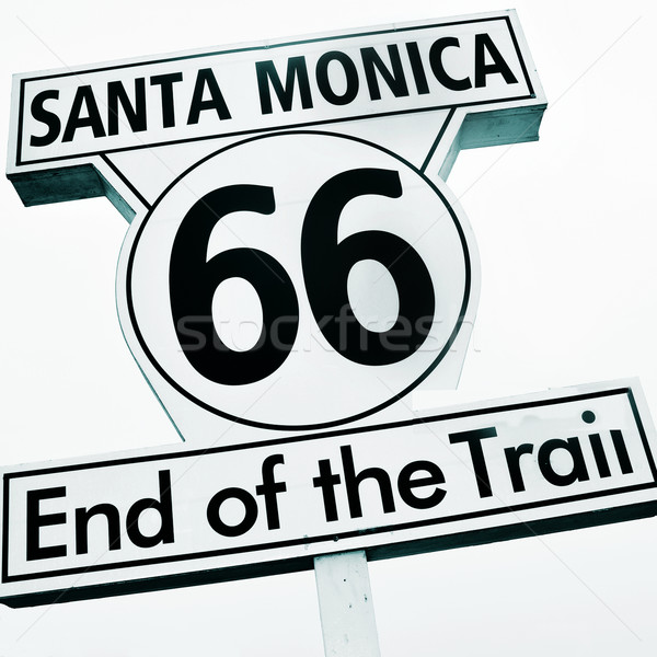 stock photo: santa monica, 66, end of the trail sign