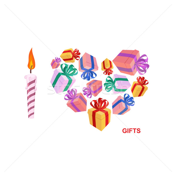 stock photo: i love gifts. symbol of heart of boxes of gifts.