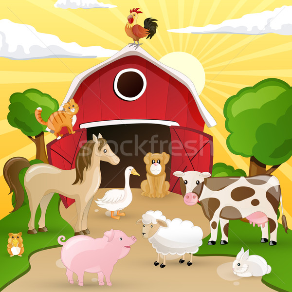 商业照片: 向量 · 农场 · 农场里的动物 ·树· 性质 ·猫