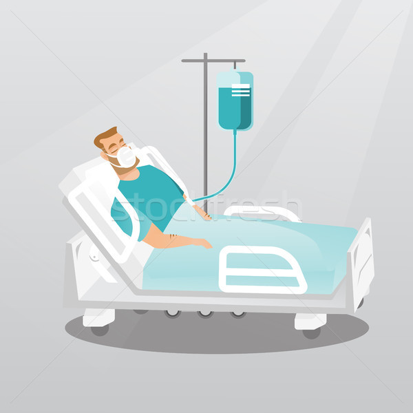 商业照片: 病人 · 病床 · 氧气面具 · 年轻 · 男子