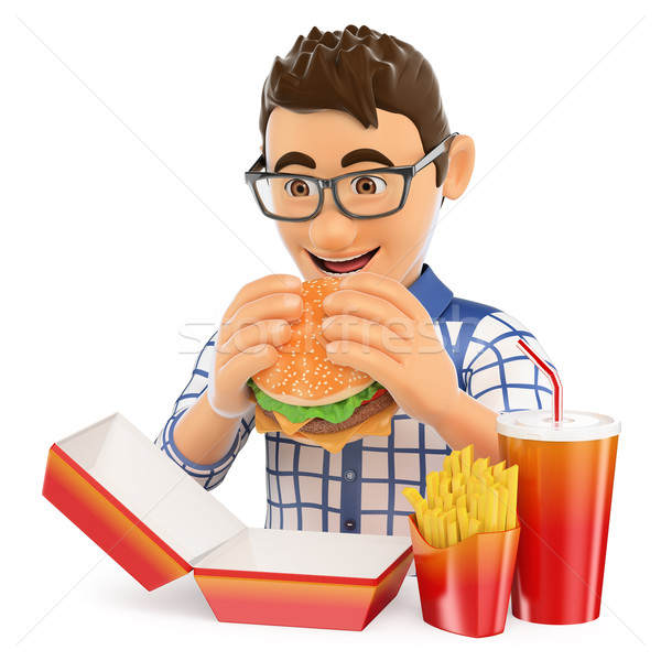 stock photo: 3d young man eating a hamburger with fries and