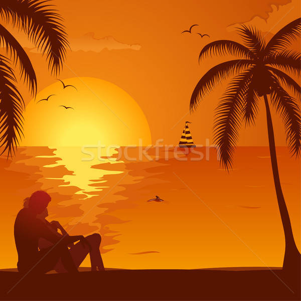Nyár naplemente pár sziluett fiatal pér pálmafa Stock fotó © -TAlex-