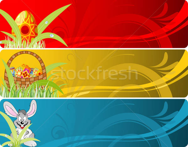 Easter banner with eggs, rabbit and basket Stock photo © -TAlex-