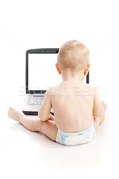 Stock fotó: Csecsemő · laptopot · használ · fehér · számítógép · arc · internet