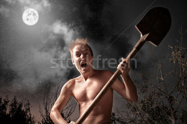 Crazy человека гнева лопата рук лице Сток-фото © 26kot