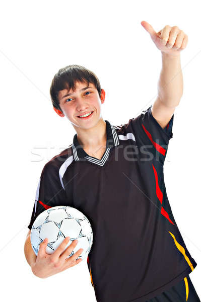 [[stock_photo]]: Footballeur · balle · isolé · blanche · main · sourire