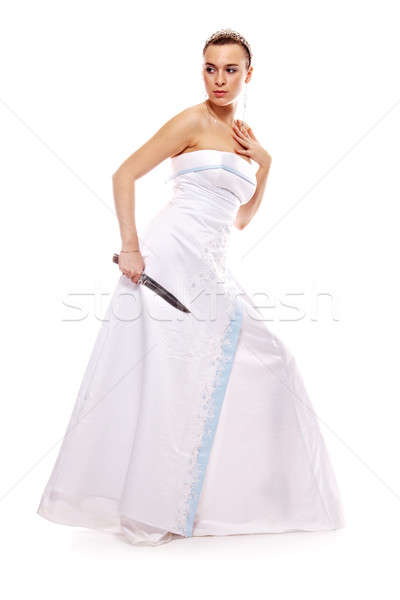 Nő kés portré gyönyörű nő fehér talár Stock fotó © 26kot