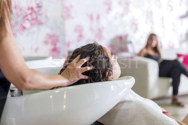 Mulher jovem lavagem salão de cabeleireiro mulheres cliente felicidade Foto stock © 2Design