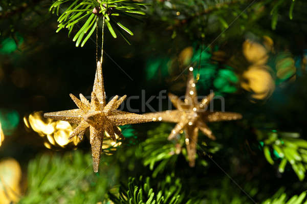 [[stock_photo]]: Décoratif · or · star · ornement · arbre · de · noël · vert