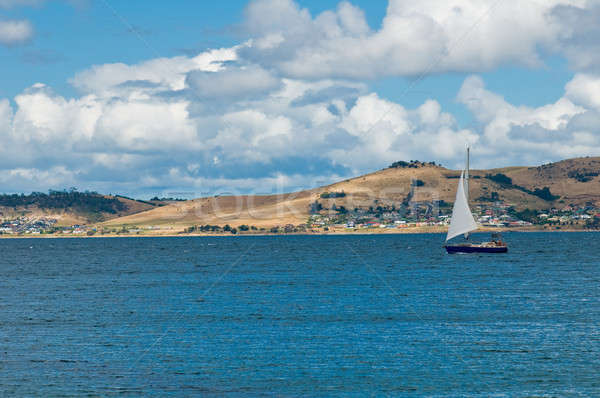 Luxury yacht sails in blue waters along a summer coast line Stock photo © 3523studio