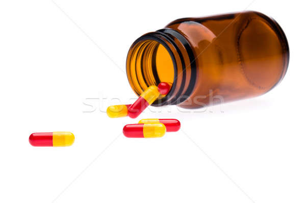 Foto stock: Uno · botella · pastillas · blanco · rojo · limpio