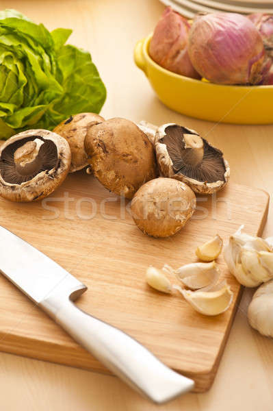 Foto stock: Hortalizas · tabla · de · cortar · preparación · ensalada · madera · casa