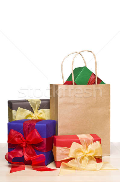 Karácsony ajándékok bevásárlószatyor fehér háttér doboz Stock fotó © 3523studio