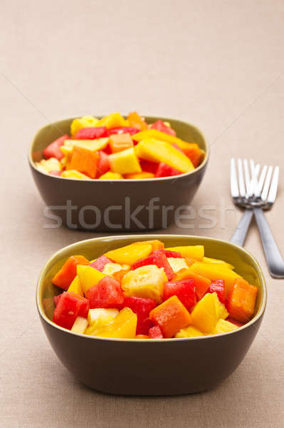 Stockfoto: Twee · kom · gemengd · tropische · vruchten · salade · vork