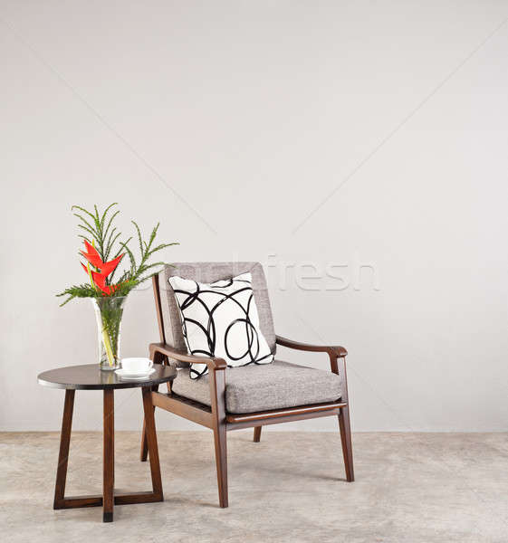 Szürke szék nappali virágok fal otthon Stock fotó © 3523studio