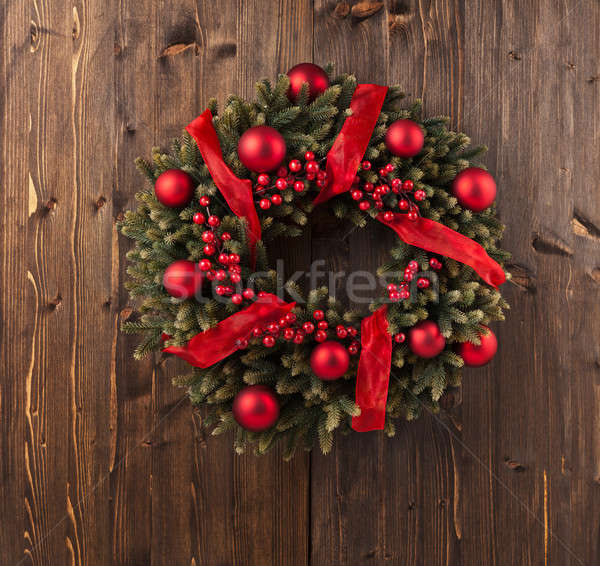 Advent karácsony koszorú dekoráció fából készült ajtó Stock fotó © 3523studio