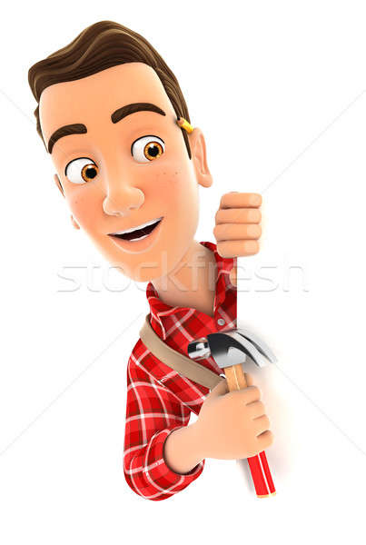 3d handyman behind left wall and holding hammer Stock photo © 3dmask