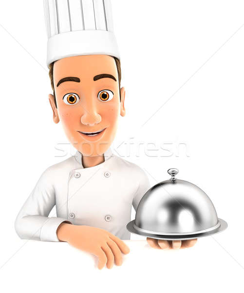 3d head chef holding restaurant cloche Stock photo © 3dmask