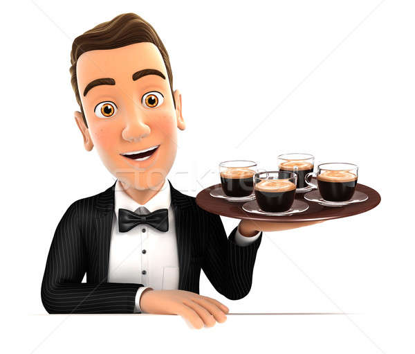 Foto stock: 3D · garçom · quatro · café