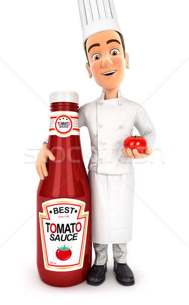 3d head chef standing next to tomato sauce bottle Stock photo © 3dmask