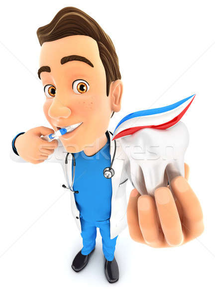 3d doctor brushing his teeth and holding tooth Stock photo © 3dmask