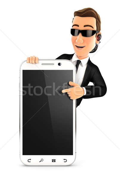 Stock photo: 3d security agent pointing to blank smartphone