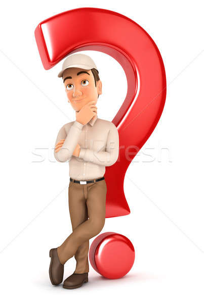 3d delivery man leaning back against question mark Stock photo © 3dmask