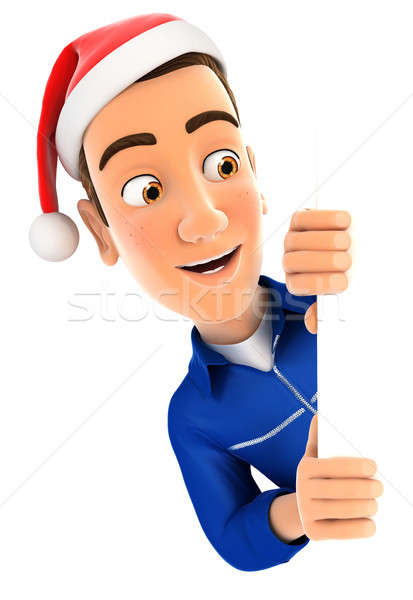 3d mechanic with christmas hat peeping over wall Stock photo © 3dmask