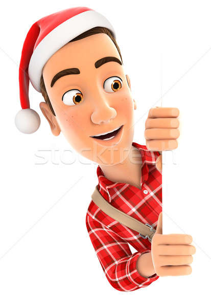 3d handyman with christmas hat peeping over wall Stock photo © 3dmask