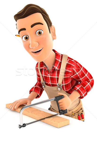 3d handyman sawing wooden plank Stock photo © 3dmask