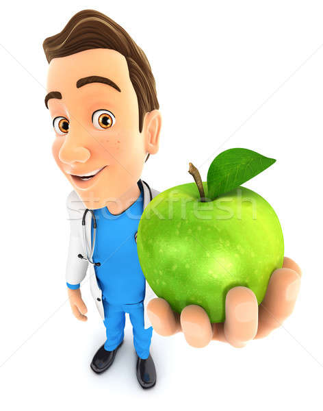 Stock photo: 3d doctor holding green apple