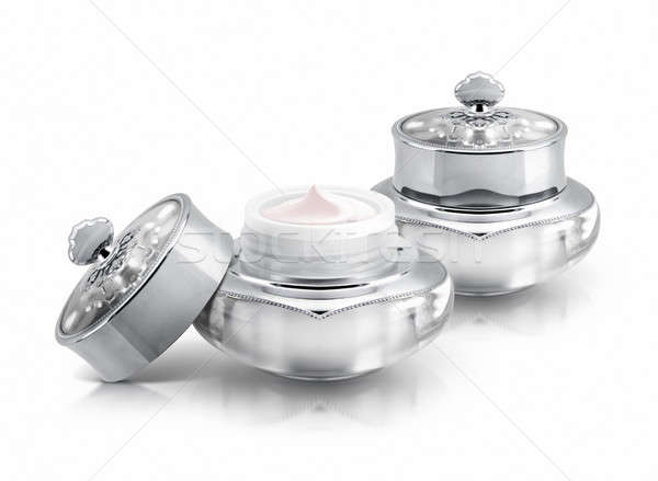 Foto stock: Dois · prata · de · luxo · cosmético · jarra · branco