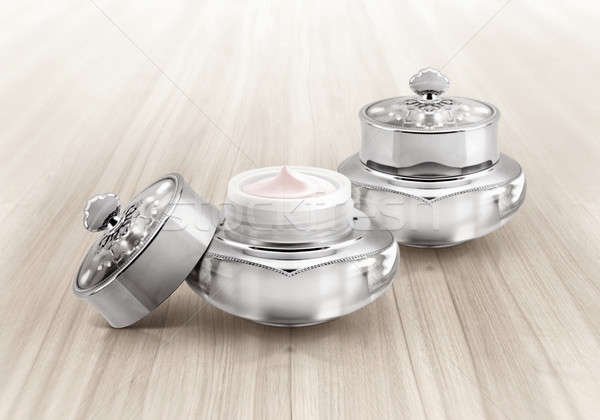 Zilver de luxe cosmetische jar hout achtergrond Stockfoto © 7Crafts