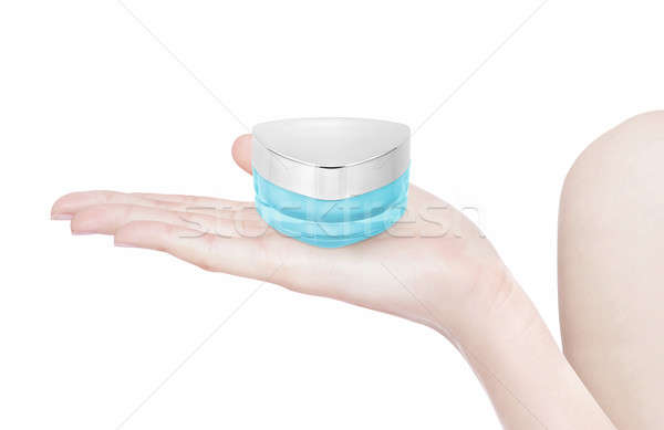 Blau Dreieck kosmetischen jar Hand isoliert Stock foto © 7Crafts