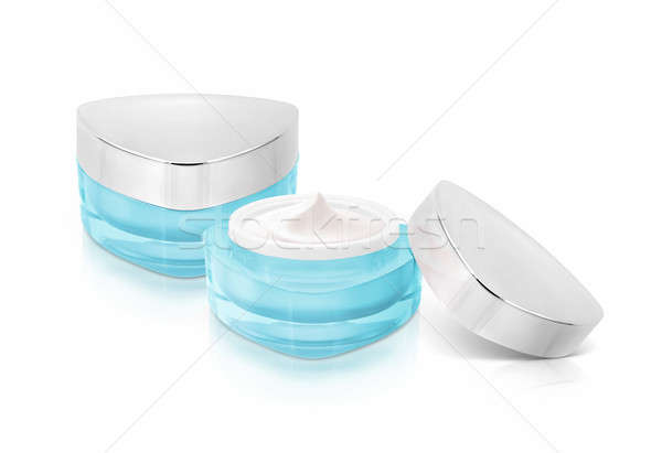 Foto stock: Dos · azul · triángulo · cosméticos · jar · blanco